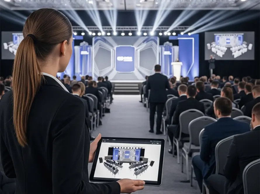 Corporate conference audience watching stage presentation with LED screen – corporate event production setup in Antalya