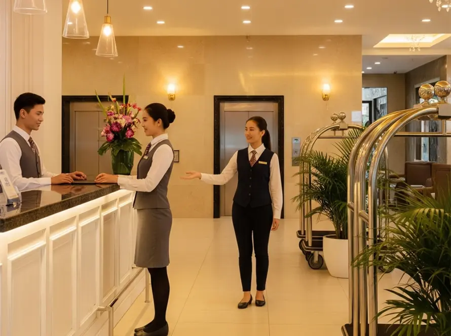 Professional hospitality staff welcoming guests at hotel reception during a corporate event in Turkey