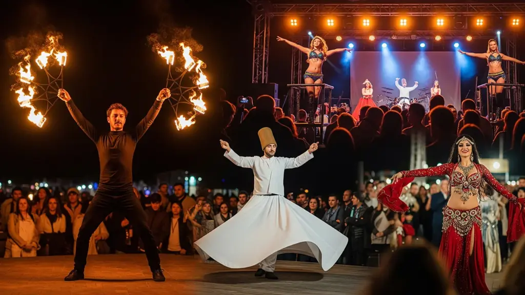 Cultural live entertainment show with fire performance, whirling dervish and oriental dance for event in Turkey