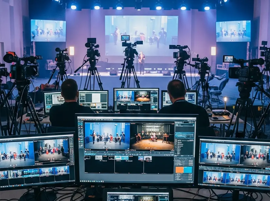Live conference production control room with cameras and stage lighting during event production in Istanbul