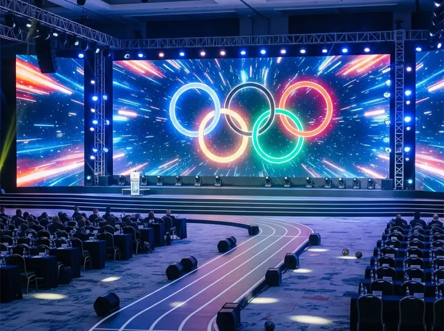 Large LED screen stage with creative visual content design for corporate event in Antalya