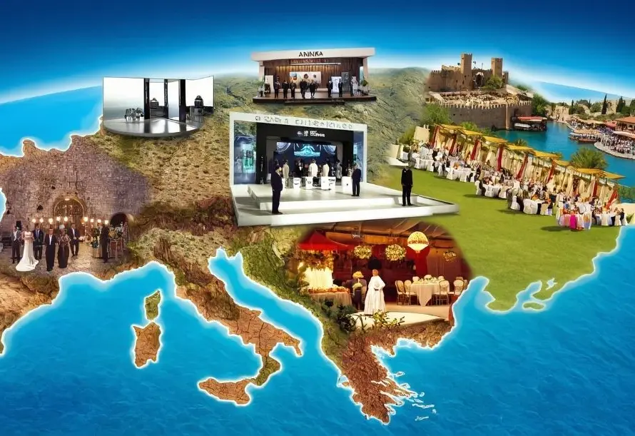 Event Multiverse corporate event venues and experiences across Turkey shown on a map collage