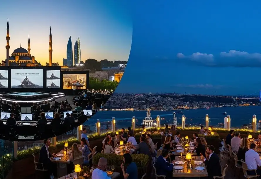 Corporate event collage featuring conference setup and rooftop dinner with Bosphorus view in Istanbul, Turkey