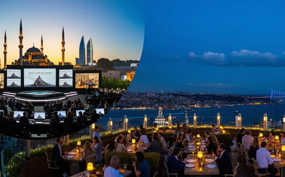 Corporate event collage featuring conference setup and rooftop dinner with Bosphorus view in Istanbul, Turkey