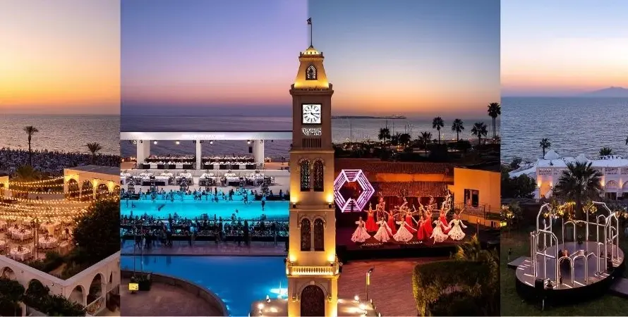 Outdoor event venues collage featuring Izmir Clock Tower, waterfront dinner setup and live performance in Izmir, Turkey
