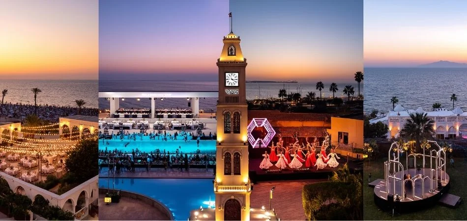 Outdoor event venues collage featuring Izmir Clock Tower, waterfront dinner setup and live performance in Izmir, Turkey
