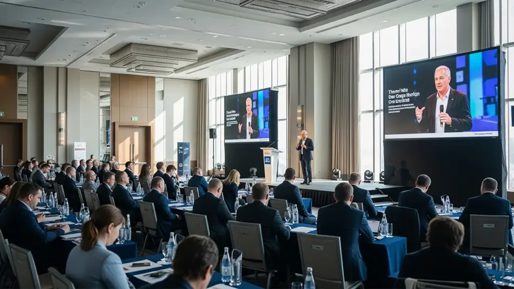 Speaker presenting on large screen during corporate conference with audience seating in Turkey