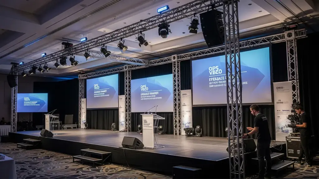 Corporate conference stage setup with multiple projection screens and podium during event production in istanbul