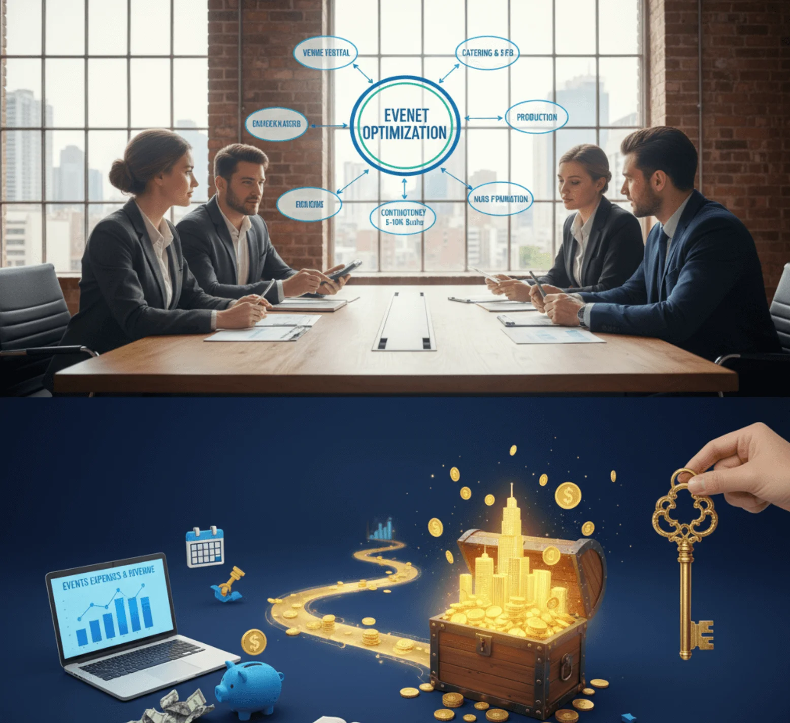 Event budget optimization planning meeting with corporate team and financial management illustration