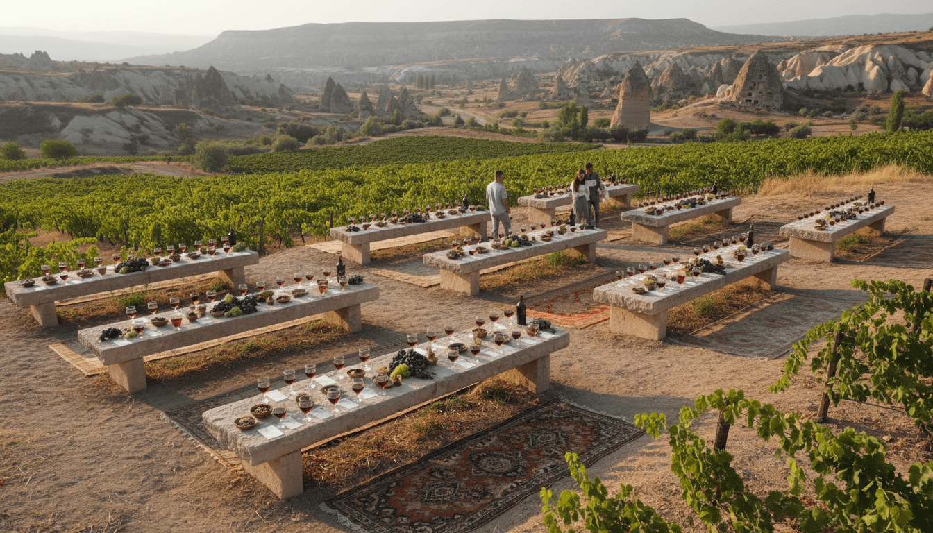 Wine tasting event in a Cappadocia vineyard with rustic stone tables and local wines