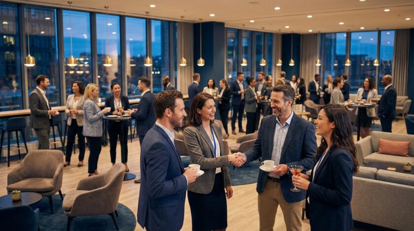Kurumsal etkinlikte profesyonellerin networking yaparak el sıkıştığı bir ortam