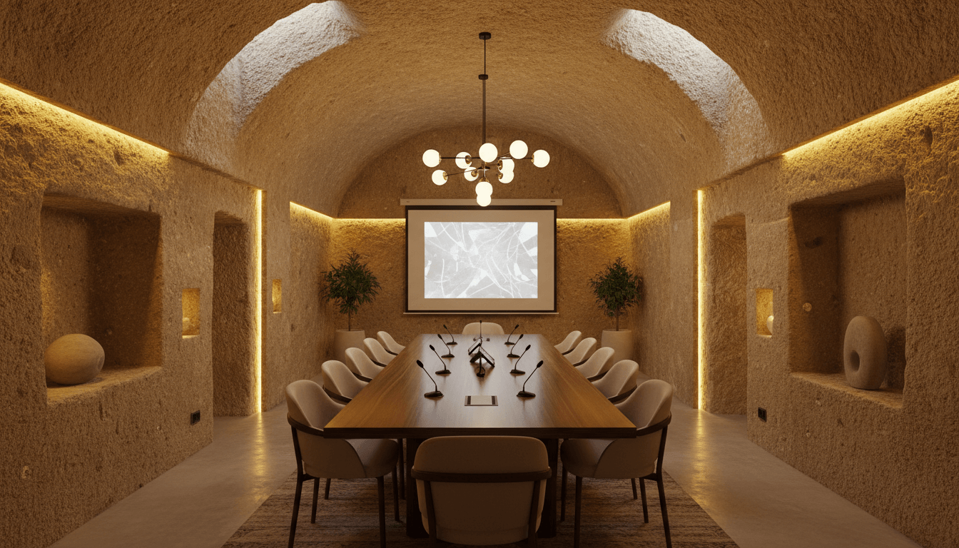 Luxury cave hotel conference room in Cappadocia with carved rock walls and ambient lighting