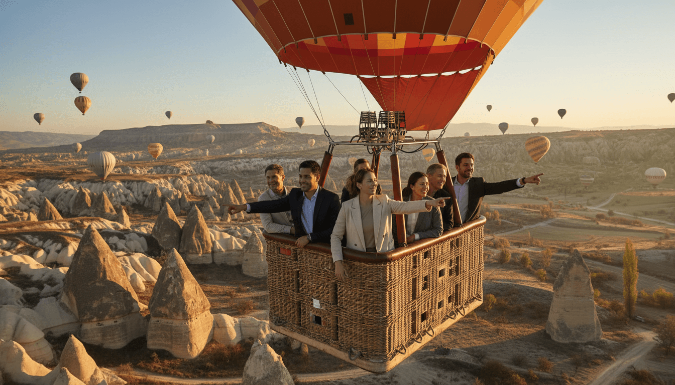 Corporate team hot air balloon tour over Cappadocia fairy chimneys at sunrise