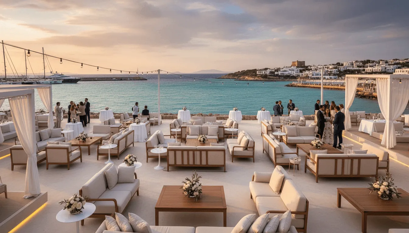 Bodrum'da deniz manzaralı açık hava etkinlik alanında kurumsal organizasyon düzeni