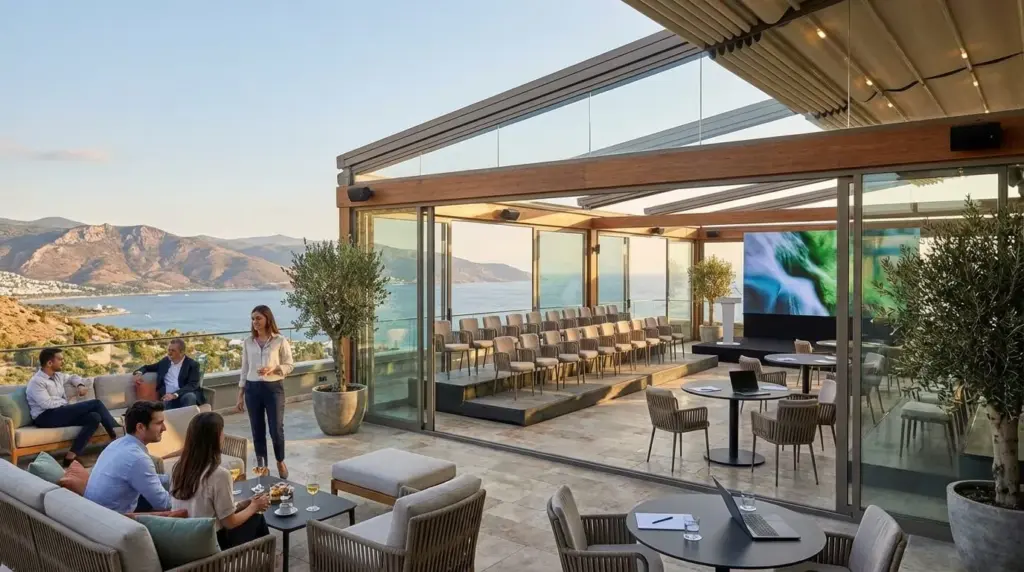 Измир побережье Эгейского моря современная площадка - Конференц-зал с видом на море, концепция баланса работы и отдыха