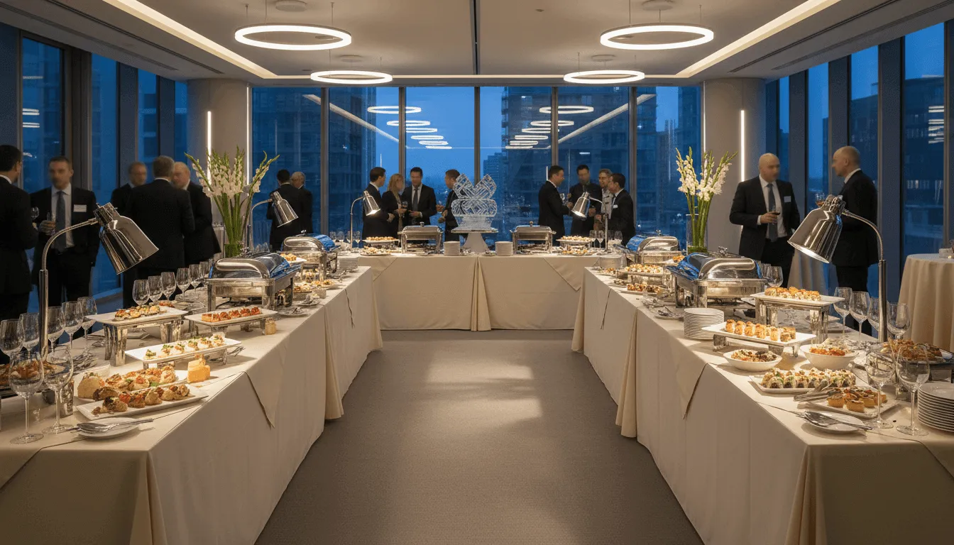 Kurumsal etkinlik için şehir manzaralı modern salonda hazırlanmış açık büfe yemek menüsü düzeni