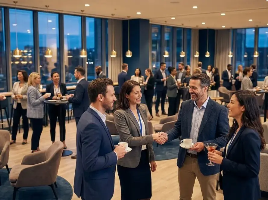 Kurumsal etkinlikte profesyonellerin networking yaparak el sıkıştığı bir ortam