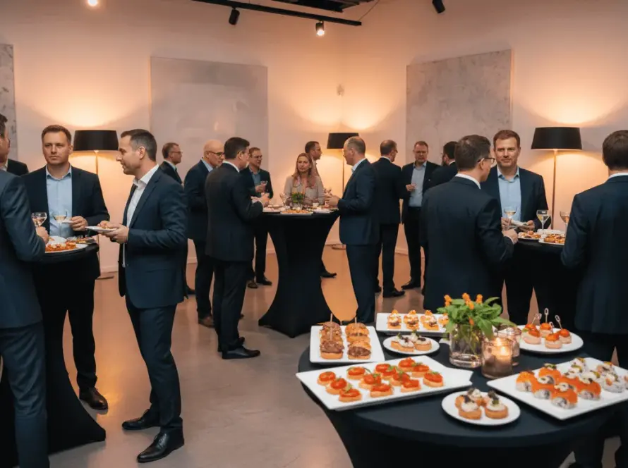 Networking etkinliğinde kokteyl ve kanape menüsü eşliğinde sohbet eden iş insanları