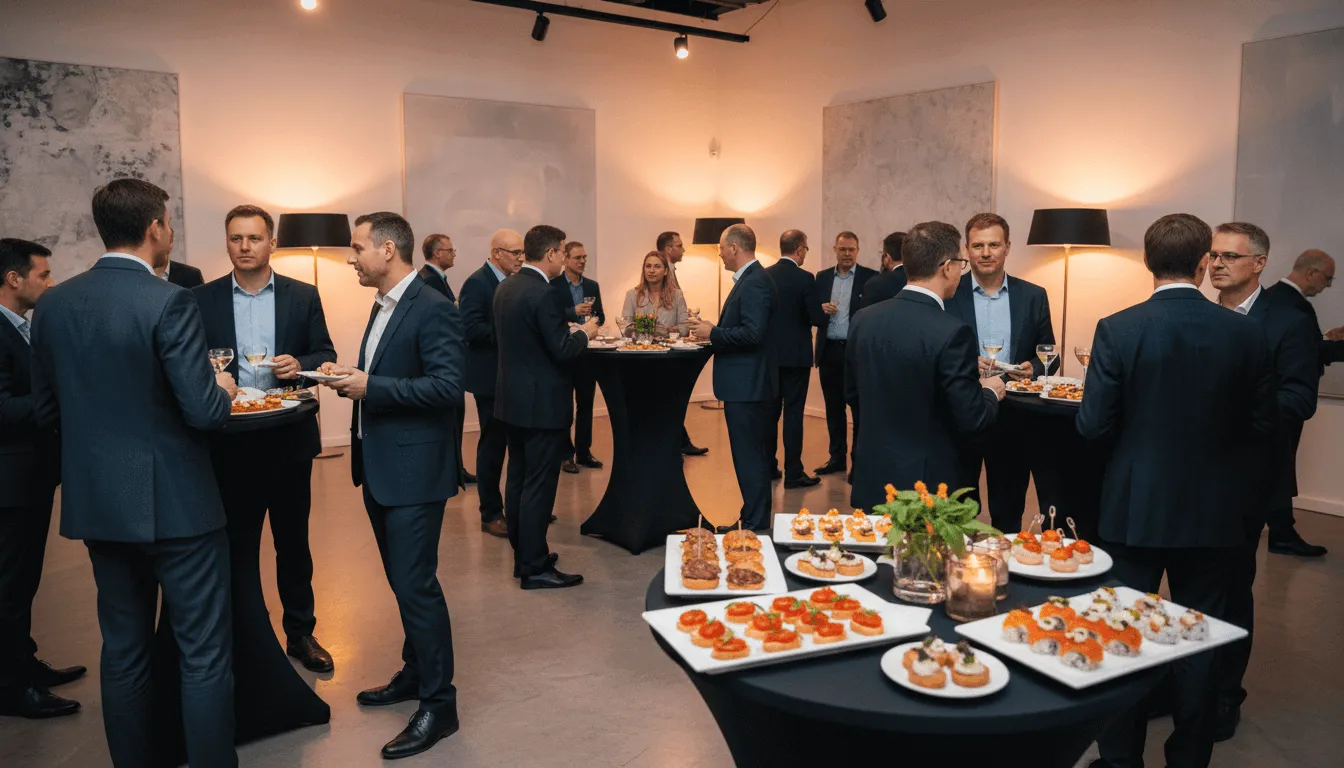 Networking etkinliğinde kokteyl ve kanape menüsü eşliğinde sohbet eden iş insanları