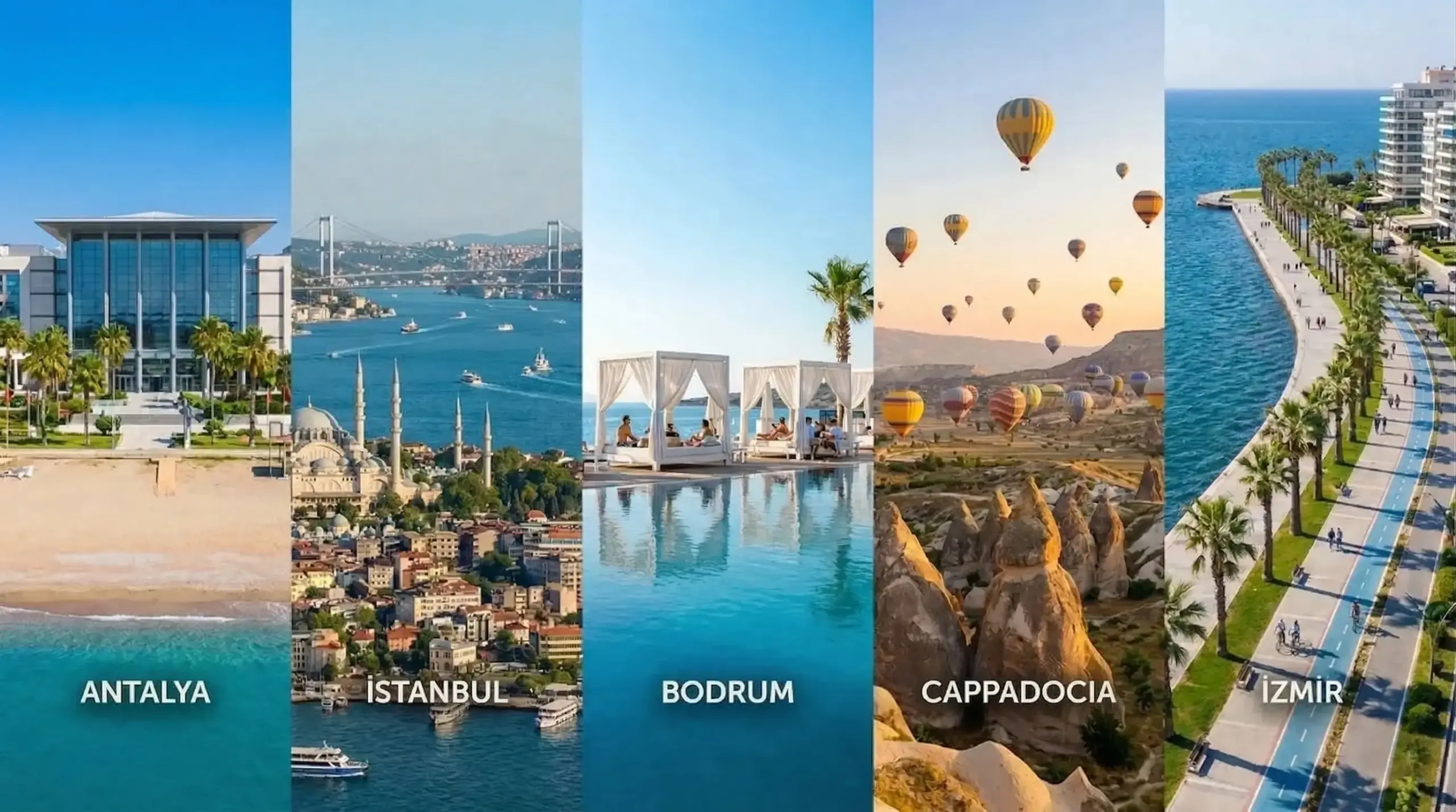 Türkiye'nin 5 popüler etkinlik destinasyonu: Antalya, İstanbul, Bodrum, Kapadokya ve İzmir karşılaştırmalı görsel