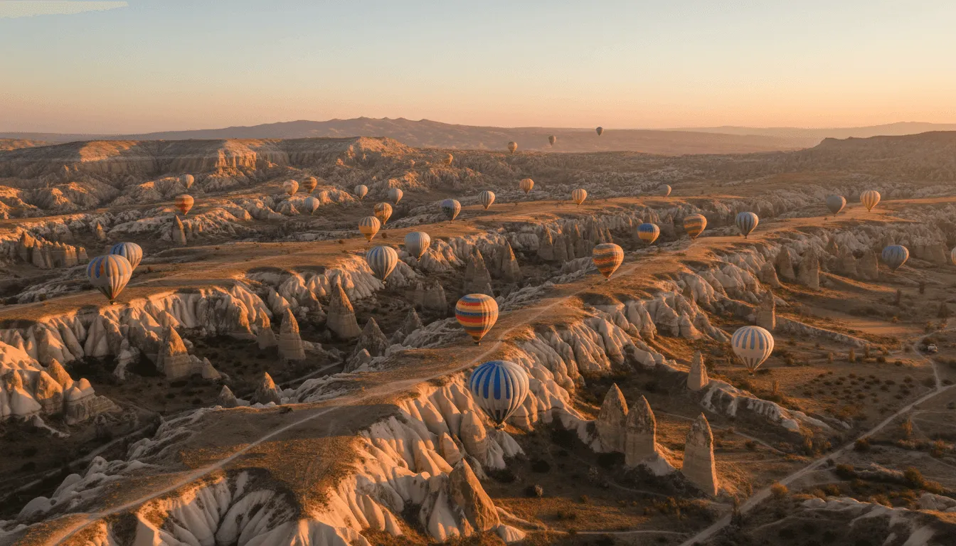 Kapadokya etkinlik organizasyonu için peri bacaları manzarası üzerinde uçan renkli sıcak hava balonları
