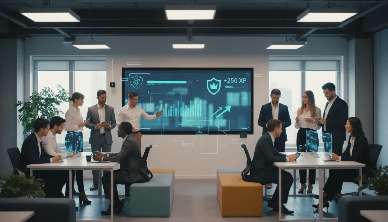 Kurumsal etkinlikte gamification uygulamasıyla puan sistemi üzerinde çalışan iş ekibi