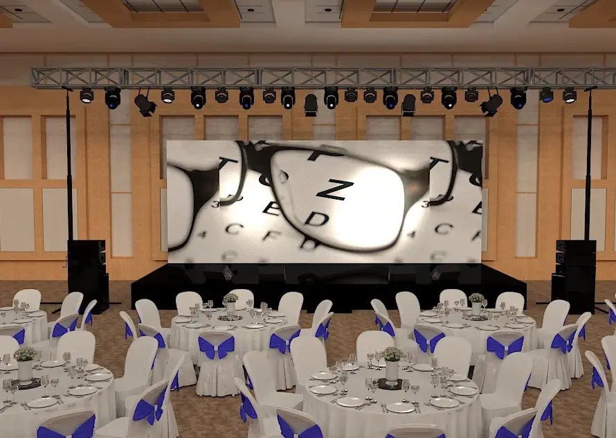 3D gala dinner event setup with stage, LED screen, truss lighting, and round table layout in a hotel ballroom in Turkey