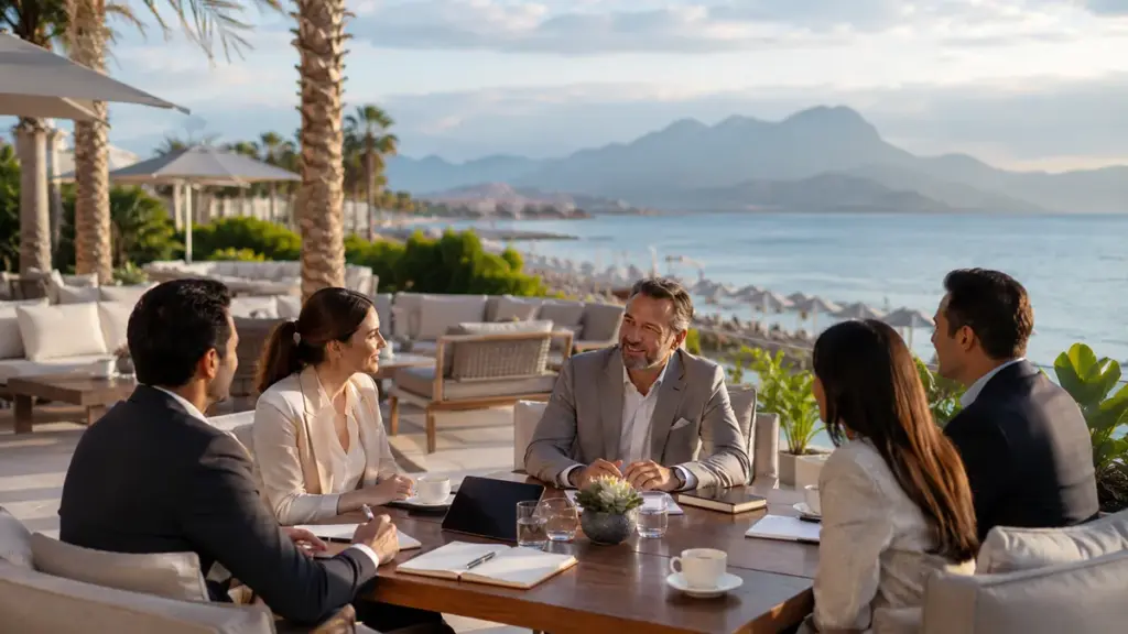 Beachfront corporate meeting setup in Antalya for executive groups and summer business events.