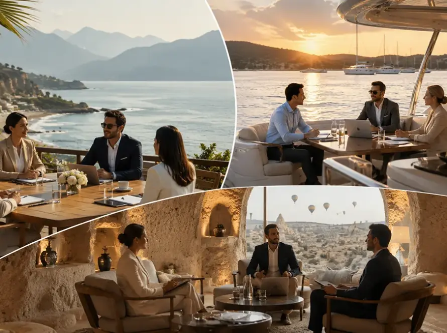 Private corporate meeting experience in Turkey with beachfront, yacht and cave venue concepts in Antalya, Bodrum and Cappadocia.