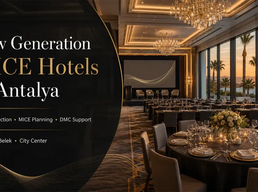 New-generation MICE hotel venue in Antalya with conference, meeting and gala setup overlooking the Mediterranean coast