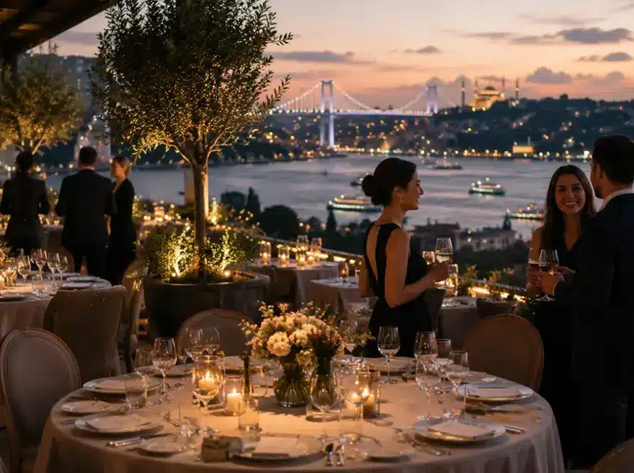 Elegant corporate gala dinner in Istanbul with Bosphorus view, guest tables and evening event atmosphere