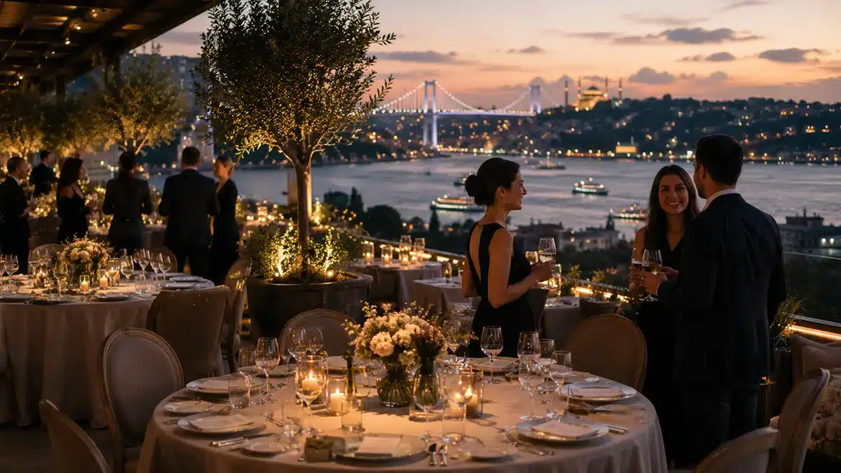 Elegant corporate gala dinner in Istanbul with Bosphorus view, guest tables and evening event atmosphere