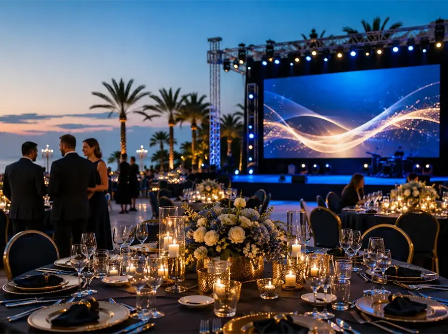 Outdoor corporate gala dinner with stage and LED screen in Antalya