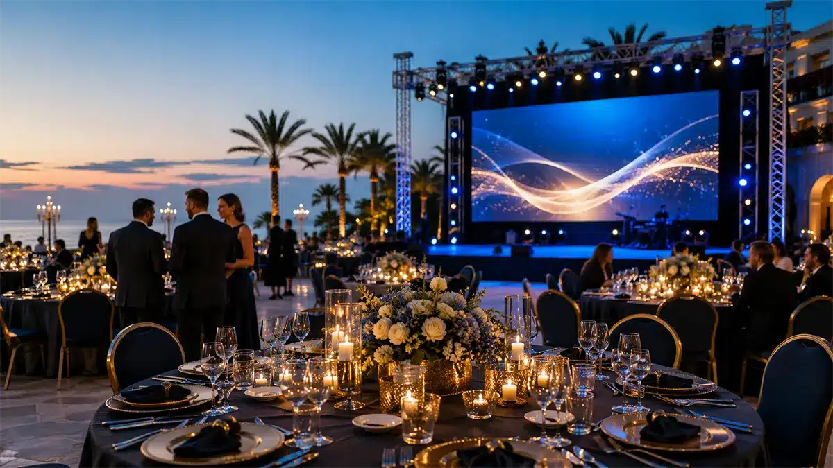 Outdoor corporate gala dinner with stage and LED screen in Antalya